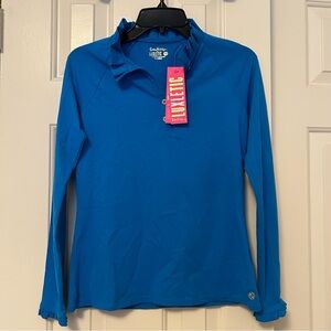 Lilly Pulitzer Hutton Luxletic Polo Long Sleeve Ruffle Blue Flare Size XS NWT
